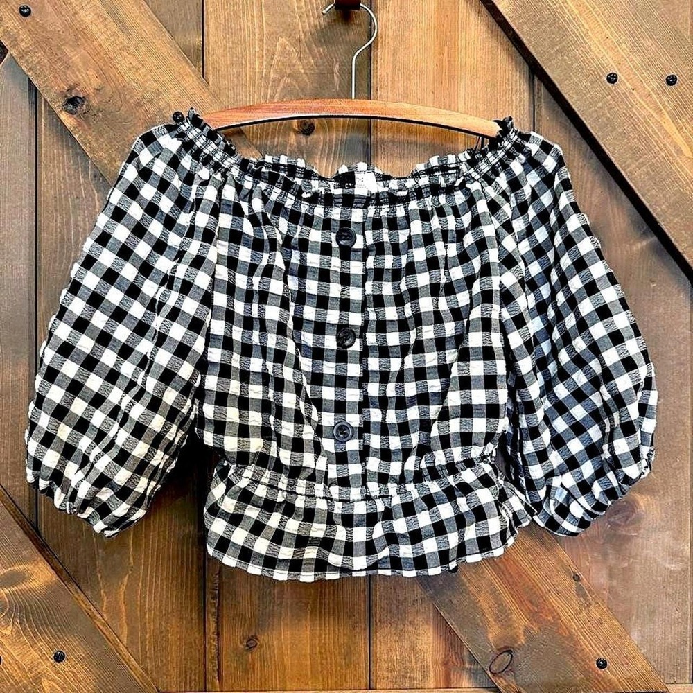 H&M Divided Gingham Crop Top Women 4 Black White Excellent Off Shoulder Smocked